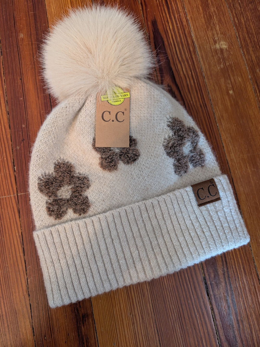 C.C Cream Knit Hat with Brown Flower Accents